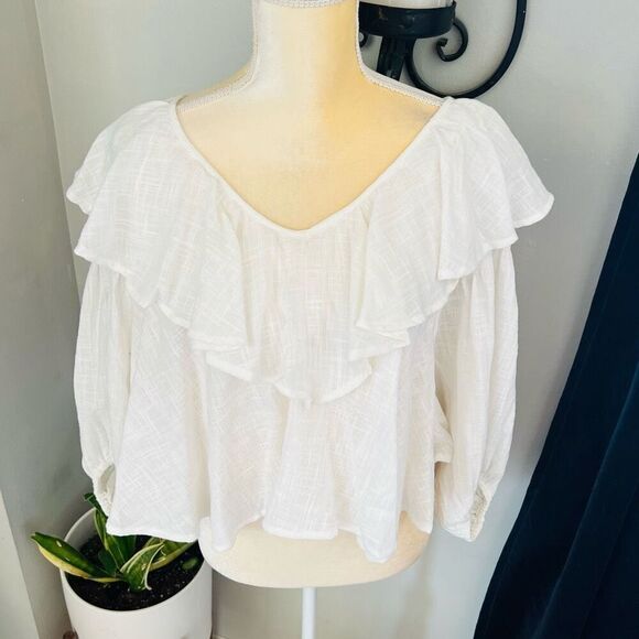 FREE PEOPLE Zuri Ruffle Blouse, Cut Out Back, Summer Boho, Ivory, Small 4/6, NWT - Picture 2 of 16